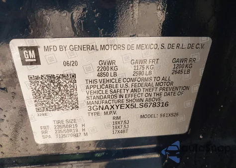 2020 Chevrolet Equinox Awd Premier 2.0L Turbo z USA, uszkodzony, nr VIN 3GNAXYEX5LS678316